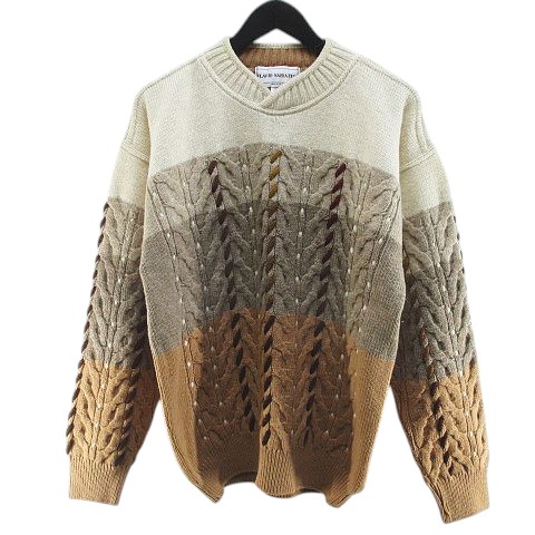 【中古】FLAVIO SABATINI 長袖 ケーブル ニット セーター 48/S ベージュ 総柄 リブ イタリア製 毛 ウール メンズ