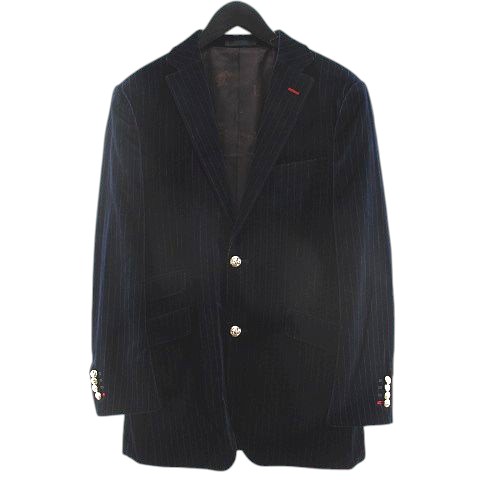 【中古】ラブレス LOVELESS ベロア セットアップ スーツ M/79 ネイビー ストライプ柄 ステッチ ボタン 裏地 日本製