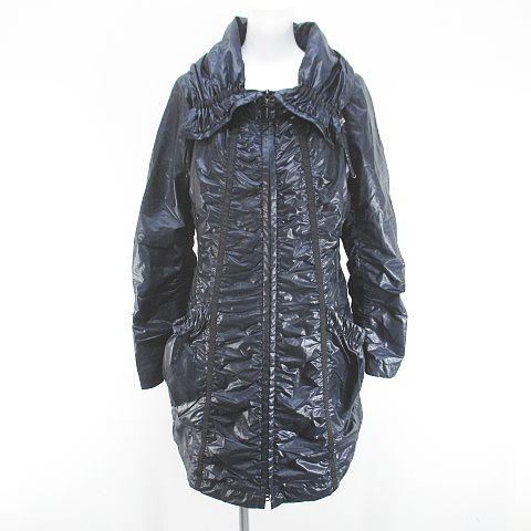 【中古】ヒロコビス HIROKO BIS コート 薄手 ミドル丈 9 紺系 ネイビー ジップアップ ポケット 裏地 無地 レディース