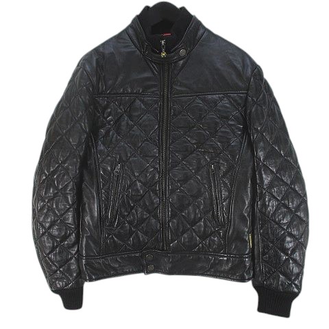 【中古】アルマーニ ジーンズ 羊革 ラムレザー ジャケット XS/46 黒系 中綿 キルティング ジップアップ ニット 切替