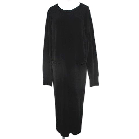 【中古】インゲボルグ INGEBORG 長袖 ニット ワンピース ロング 4 ブラック 花 モチーフ ビーズ リブ サイドスリット