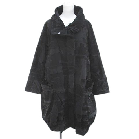 【中古】メフウ 芽風 MEFU パデットコート ロング丈 比翼 中綿 38 黒系 ブラック 日本製 ジップアップ ポケット 裏地