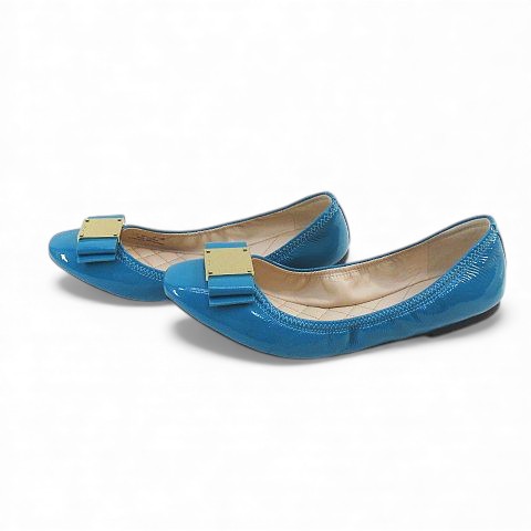 【中古】コールハーン COLE HAAN TALI MODERN BOW BLLT バレエシューズ リボン 7.5B ブルー エナメル レディース