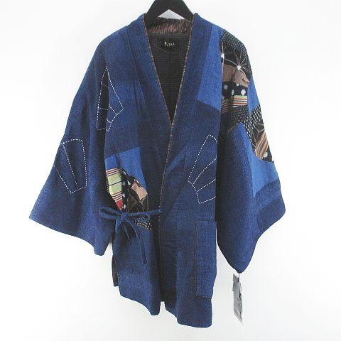 【中古】未使用品 あいびぶれ ジャケット 半纏 はんてん 絹 シルク FREE 紺系 ネイビー 日本製 パッチワーク 刺繍