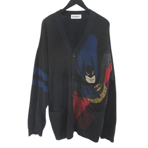 【中古】アイスバーグ ICEBERG バットマン 長袖 カーディガン ニット L 紺系 ネイビー イタリア製 刺繍 毛 ウール