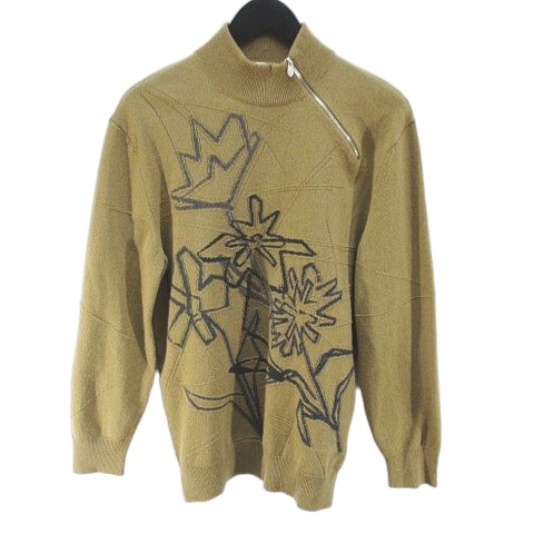 【中古】エルメス HERMES 花柄 フラワー 長袖 ニット セーター ハイネック ハーフジップ カシミヤ S ベージュ メンズ