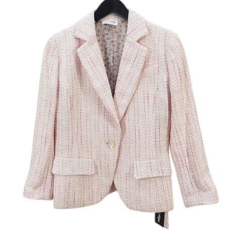 【中古】SATOMI MIPA 長袖 ジャケット 38 白系 ホワイト ストライプ柄 サイドポケット レディース