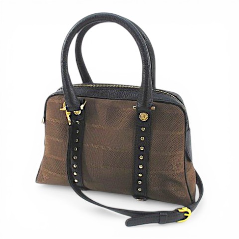 【中古】ヴェルサーチ ヴェルサーチェ VERSACE ハンドバッグ ショルダー 2WAY ジャガード織り スタッズ ブラウン