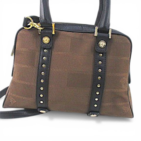 【中古】ヴェルサーチ ヴェルサーチェ VERSACE ハンドバッグ ショルダー 2WAY ジャガード織り スタッズ ブラウン_1