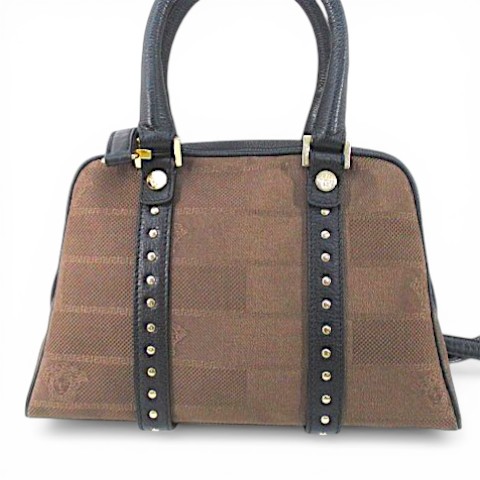 【中古】ヴェルサーチ ヴェルサーチェ VERSACE ハンドバッグ ショルダー 2WAY ジャガード織り スタッズ ブラウン_2