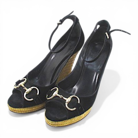 【中古】グッチ GUCCI サンダル ウェッジソール ホースビット アンクルストラップ 37.5 ブラック 黒系 スエード
