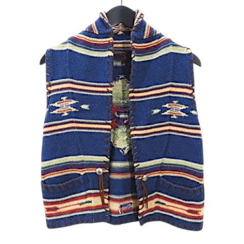 【中古】ラルフローレン RALPH LAUREN ヴィンテージ ニットベスト XS 青系ブルー ネイティブ柄 コンチョ レザーレース