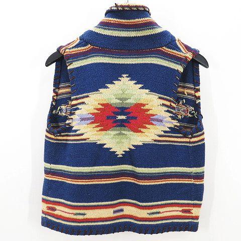 【中古】ラルフローレン RALPH LAUREN ヴィンテージ ニットベスト XS 青系ブルー ネイティブ柄 コンチョ レザーレース_1