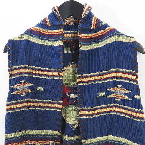 【中古】ラルフローレン RALPH LAUREN ヴィンテージ ニットベスト XS 青系ブルー ネイティブ柄 コンチョ レザーレース_2