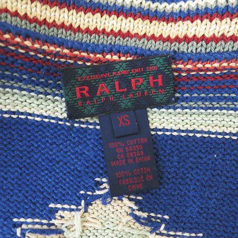 【中古】ラルフローレン RALPH LAUREN ヴィンテージ ニットベスト XS 青系ブルー ネイティブ柄 コンチョ レザーレース_3