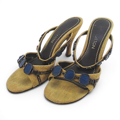 【中古】ルイヴィトン LOUIS VUITTON サンダル ミュール 37.5 ブルーストーン調 37.5 ベージュ イタリア製 レディース