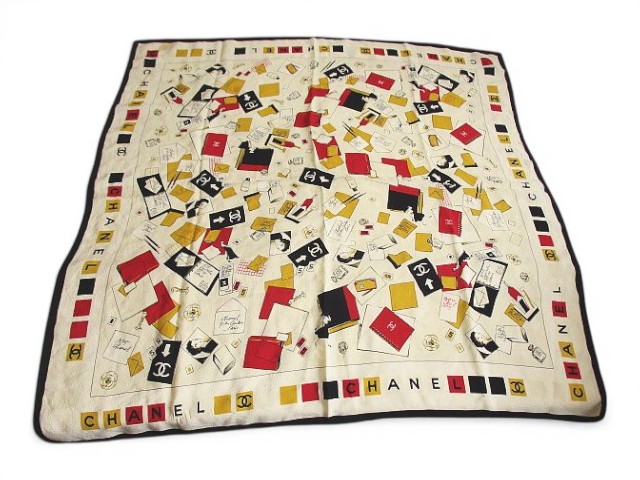 【中古】シャネル CHANEL ヴィンテージ 大判スカーフ No5 デザイン スケッチ イラスト柄 レディース