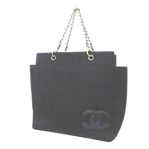 【中古】シャネル CHANEL チョコバー ココマーク トートバッグ チェーンショルダー ブラック 黒系 レザー コットン