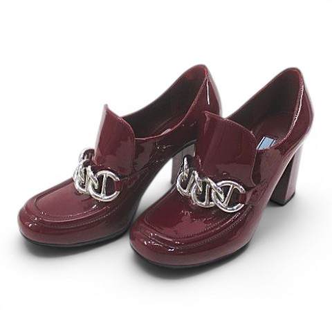 【中古】プラダ PRADA ヒールローファー シルバーチェーン 35 ボルドー エナメル イタリア製 レディース