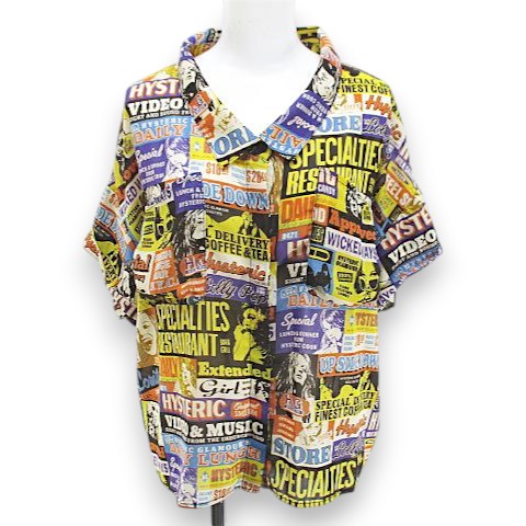 【中古】ヒステリックグラマー HYSTERIC GLAMOUR girl×ロゴ総柄 シャツ ブラウス 比翼 マルチカラー シースルー