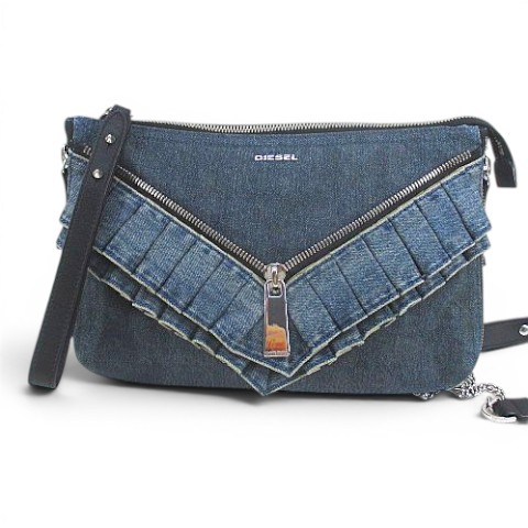 【中古】ディーゼル DIESEL ショルダーバッグ クロスボディ 斜めがけ フリル ブルー シルバーチェーン デニム