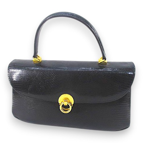 【中古】Santagostino サンタゴスティーノ ハンドバッグ ブラック 黒系 リザード レザー イタリア製 レディース