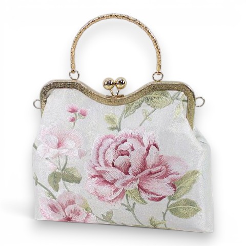 【中古】ハンドバッグ ローズステッチ 手提げ 薔薇 ゴールド金具 ホワイト 白系 レディース