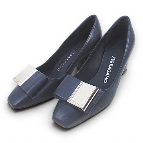 【中古】サルヴァトーレフェラガモ Salvatore Ferragamo LENA ダブル ボウ パンプス チャンキーヒール スクエアトゥ