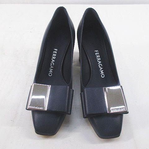 【中古】サルヴァトーレフェラガモ Salvatore Ferragamo LENA ダブル ボウ パンプス チャンキーヒール スクエアトゥ_4