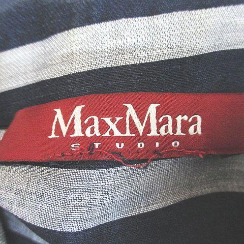 【中古】マックスマーラステュディオ Max Mara Studio ボーダー 七分袖 ミモレ丈 フレアワンピ 麻 リネン 絹 40 紺_2