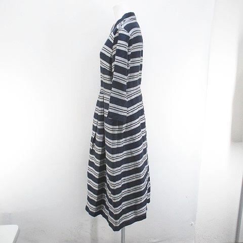 【中古】マックスマーラステュディオ Max Mara Studio ボーダー 七分袖 ミモレ丈 フレアワンピ 麻 リネン 絹 40 紺_3