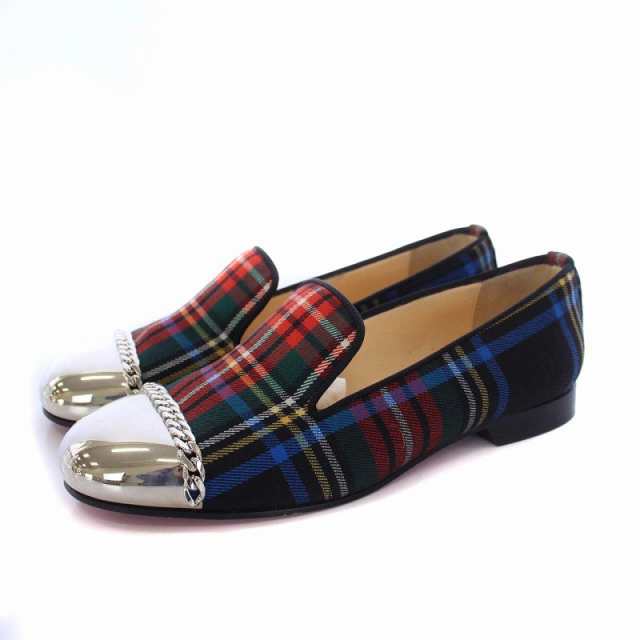 【中古】クリスチャンルブタン ROLLERGIRL FLAT TARTAN ローファー モカシン ローヒール チャンキーヒール チェーン