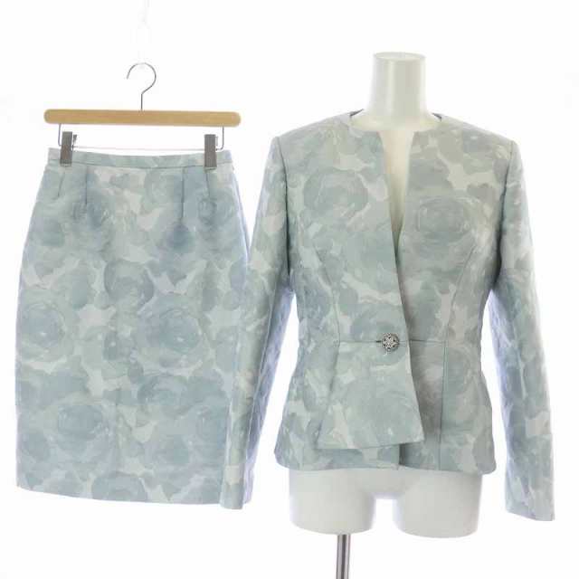 【中古】ハナエモリ HANAE MORI スーツ セットアップ 上下 ノーカラージャケット タイトスカート 総柄 38 M 水色の通販は