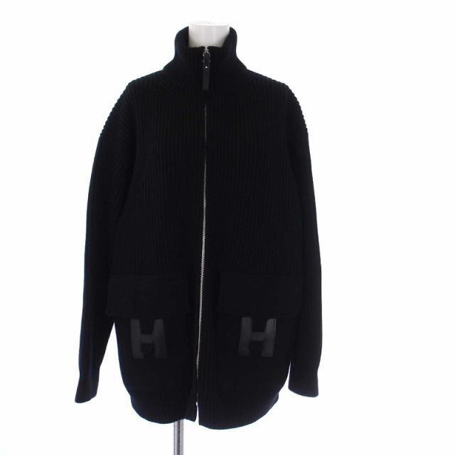 【中古】エルメス 22AW Hモチーフ ドライバーズニット カーディガン ハイネック ジップアップ オーバーサイズ 38 M 黒の通販は