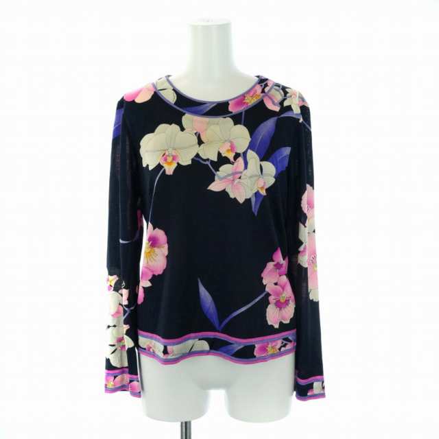 【中古】レオナール LEONARD FASHION カットソー 長袖 クルーネック 花柄 ウール シルク L 紺 紫 レディースの通販は