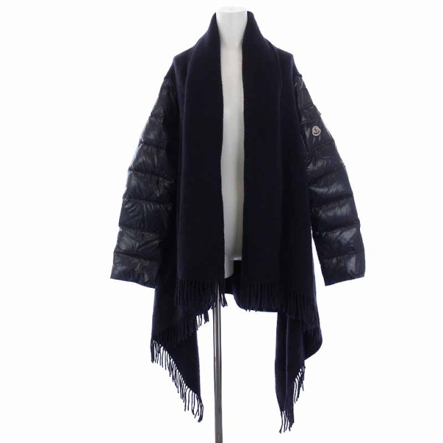 【中古】モンクレール MONCLER マンテラ ケープ MANTELLA CAPE ダウン切替 羽織 ウール フリンジ S 紺 ネイビー