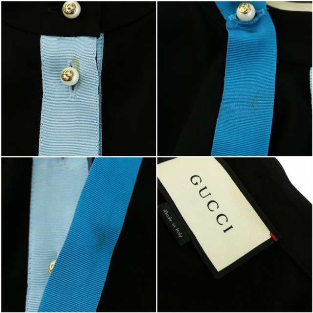 【中古】グッチ GUCCI インターロッキングG ワンピース ひざ丈 ノースリーブ パールボタン リボン S 黒 青 410274