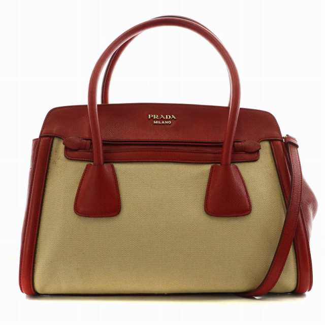 【中古】プラダ PRADA ハンドバッグ ショルダーバッグ 2way キャンバス レザー ベージュ 赤 レッド BN2595