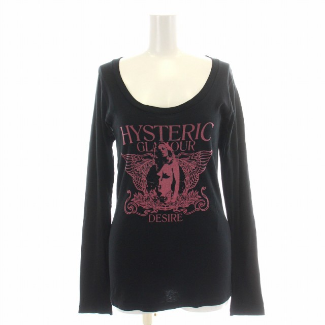 【中古】ヒステリックグラマー HYSTERIC GLAMOUR Tシャツ カットソー ロンT 長袖 Uネック ロゴプリント F 黒 ピンク