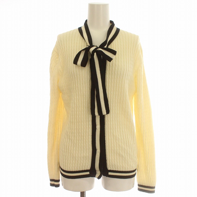 【中古】オブリ OBLI カーディガン ニット ケーブル編み ボウタイ F アイボリー 黒 /☆G レディースの通販は 5,500円