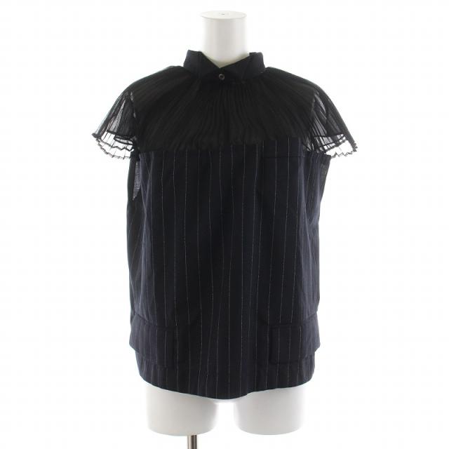 【中古】サカイ sacai シャツ ブラウス 半袖 プリーツ シースルー シアー 切替 ストライプ柄 1 M 黒 ブラック 紺の通販は 11,736円