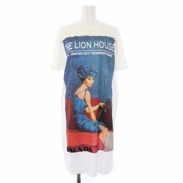 【中古】プラダ PRADA 17AW THE LION HOUSE カットソーワンピース 半袖 ひざ丈 プリント XS 白 ホワイト