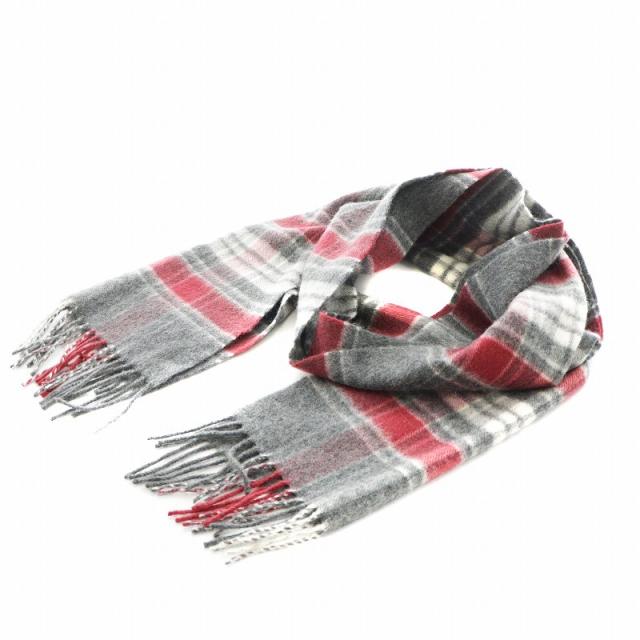 【中古】ジョンストンズオブエルガン Johnstons of Elgin マフラー フリンジ チェック柄 カシミヤ グレー 赤の通販は 7,100円