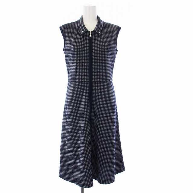 【中古】ルネ 23年製 Checkered Knit Dress ニットワンピース ノースリーブ ひざ丈 チェック 襟付き パール 34 紺