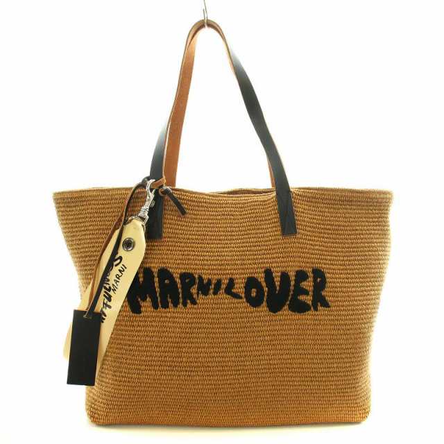 【中古】マルニ MARNI OVER 21SS トートバッグ コットン ナイロン カウレザー ロゴ刺繍 ストラップ付き 茶 黒