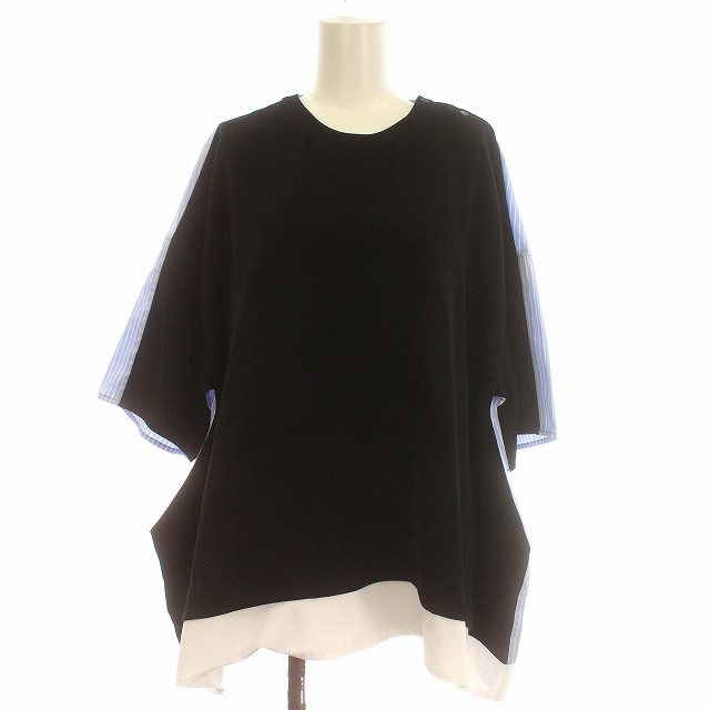 【中古】未使用品 エンフォルド ENFOLD 24AW COMBINATION PULLOVER 異素材 シャツ 半袖 ストライプ 38 M 水色 黒の通販は