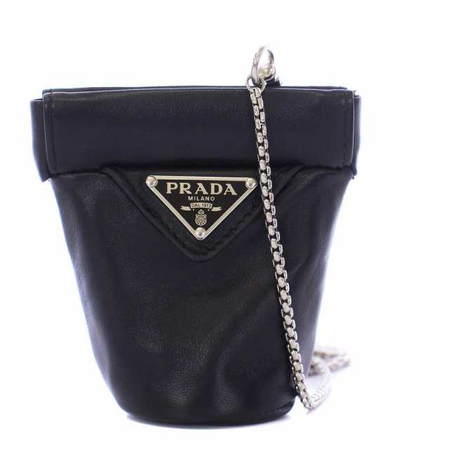 【中古】プラダ PRADA ナッパレザー ミニ ネックレスポーチ 三角プレート 黒 ブラック 1NR002 /KH ■OH レディース