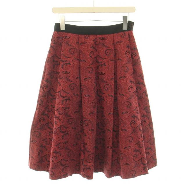 【中古】マーガレットハウエル プリーツスカート フレア ミモレ ロング 麻 リネン ペイズリー柄 切替 1 S 赤 黒の通販は