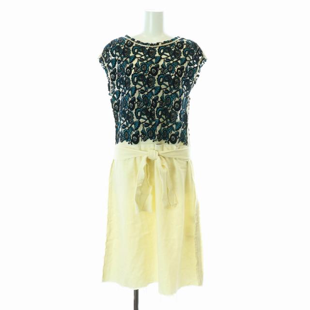 【中古】mina perhonen joy ワンピース ミモレ ロング フレンチスリーブ レース切替 花柄 刺繍 ベルト 青 白 ja3308の通販は