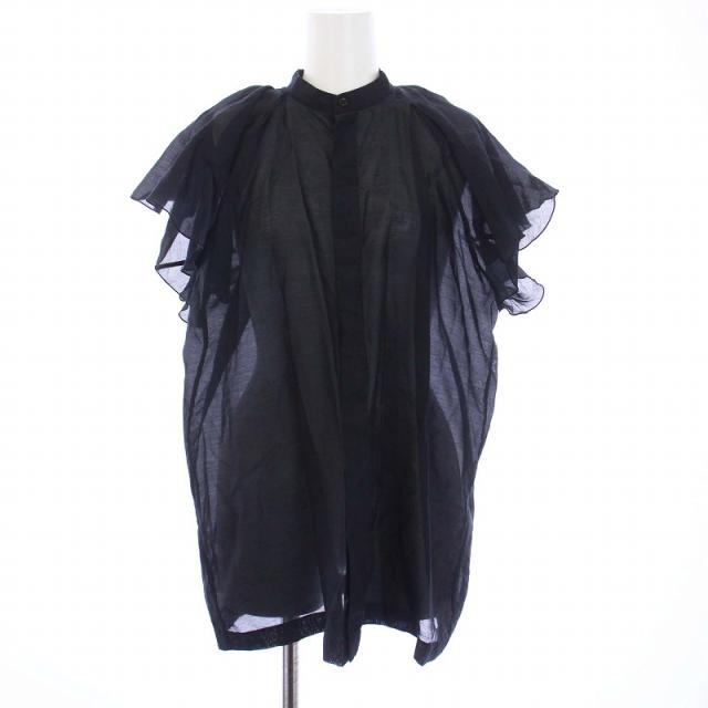 【中古】ブラミンク BLAMINK ブラウス シャツ 半袖 フレアスリーブ バンドカラー 比翼ボタン シルク混 シアー 38 M 黒の通販は